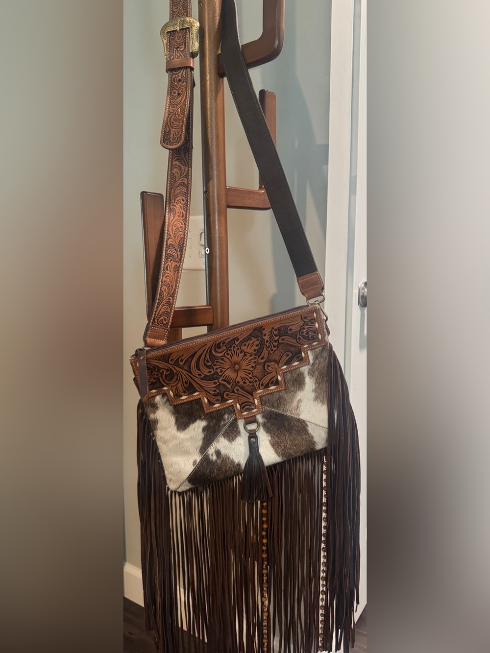 Brown Tooled Leather & Cowhide Fringe Crossbody Bag
